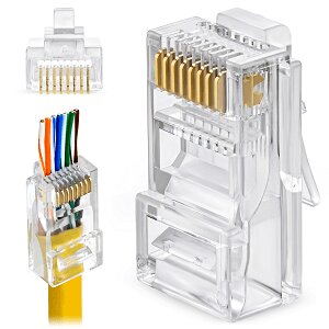RJ45-kontakt avsedd för nätverkskabel, visas med solida ledare och stift. Anpassad för patchkablar och solid kärna inom nätverksinstallationer.