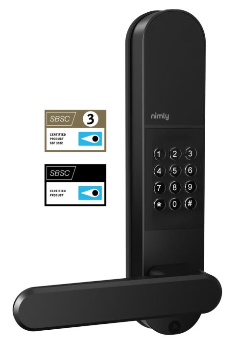 Elektroniskt dörrlås från Nimly, modell Code Pro, med fysisk knappsats och SBSC certifieringen SSF 3522 och låsklass 3.