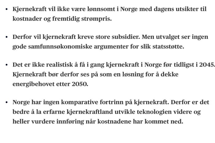Punktlista med argument om kärnkraftens ekonomiska olönsamhet i Norge och rekommendationer om framtida användning efter 2050.