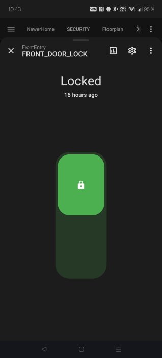 Digitalt låssystem visar dörrens låsstatus som "Locked", med en grön ikon och tidstämpling "16 hours ago".