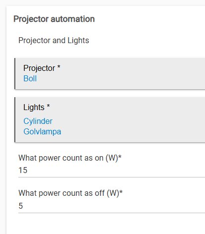 Projektorautomationsinställningar med en boll som projektor, cylindrisk och golvlampa som ljuskällor, effektvärden för på/av på 15W och 5W.