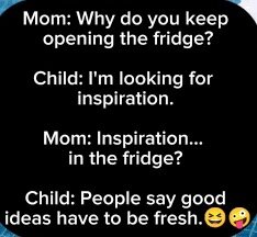 Humoristisk bildtext om inspirationssökande i kylskåpet med emojis.