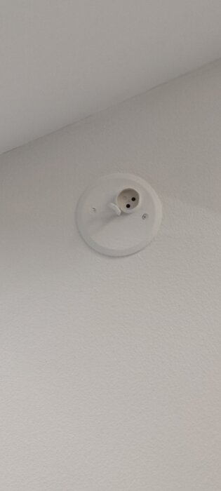 En vit takdosa monterad i taket, förberedd för installation av en taklampa, med två skruvar synliga.