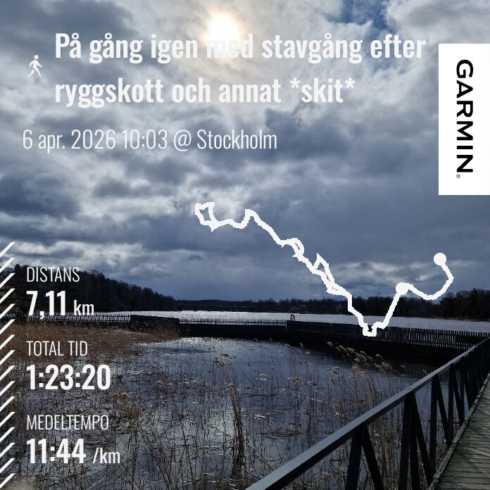 Karta och statistik för en stavgångsrunda på 7,11 km vid en sjö, med molnig himmel och promenad över en bro.