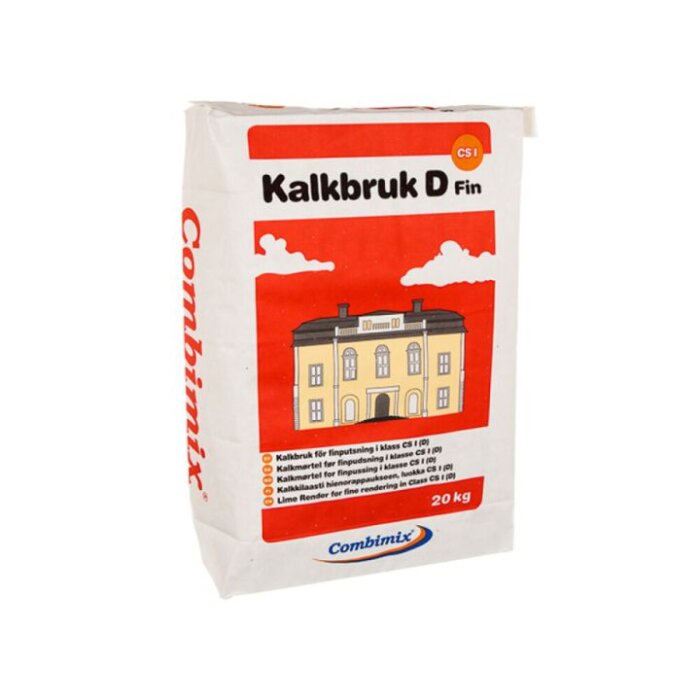 Påsen visar "Kalkbruk D Fin" från Combimix, 20 kg, med en bild av ett hus i bakgrunden.