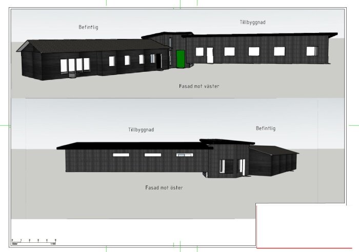 Skisser av stugutbyggnad på 180 kvm; vyer från väster och öster med markerad befintlig och ny del.