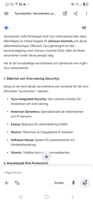 Skärmbild av en artikel om Tycomonitor, varumärken och tjänster kopplade till Tyco och Johnson Controls inom säkerhet och övervakning.