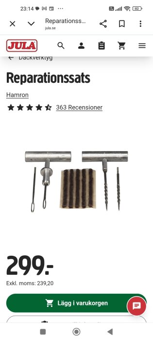 Reparationssats från Jula innehållande T-handtag, nålar, spiralborrar och plåstersträngar, med priset 299 kr. Hamron, 4.5 stjärnor av 363 recensioner.