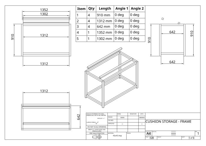 Ritning av ram till förvaring för kuddar med måtten 1352x910x642 mm, detaljerade visningar och lista över delar och mått.