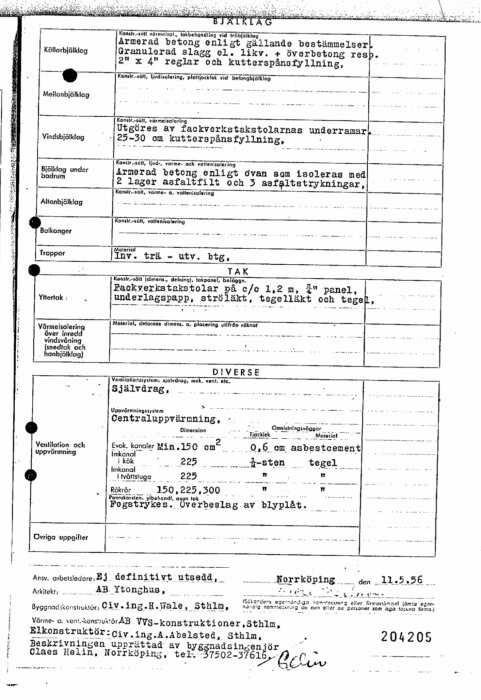 Planritning och teknisk beskrivning av husets bjälklag och tak, inklusive materialval och konsoler, daterat 11 maj 1956.