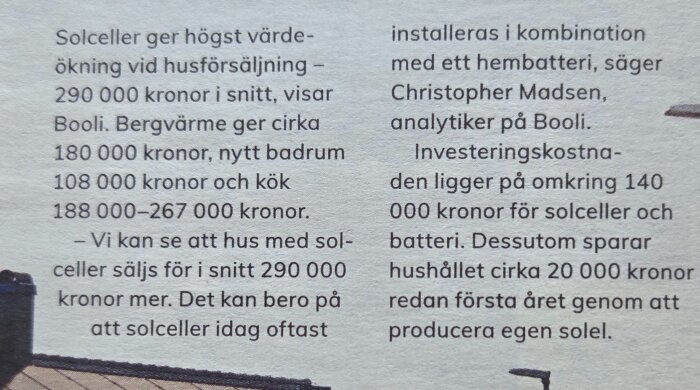 Text om värdeökning vid husförsäljning med solceller, bergvärme, badrum och kök samt investeringskostnader och besparingar enligt Booli.