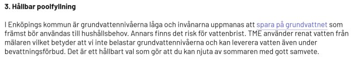Hållbar poolfyllning i Enköping, TME använder Mälarens vatten för att skydda grundvattennivåer och leverera vatten även under bevattningsförbud.