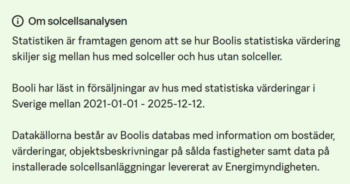 Text som förklarar Boolis solcellsanalys för huspriser i Sverige 2021-2025.