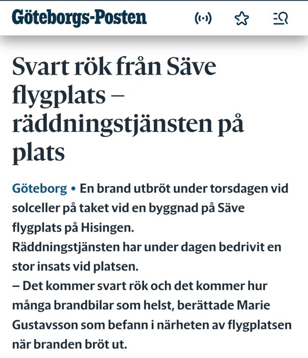 Tidningsartikel om brand vid solceller på taket vid Säve flygplats, svart rök omnämns.