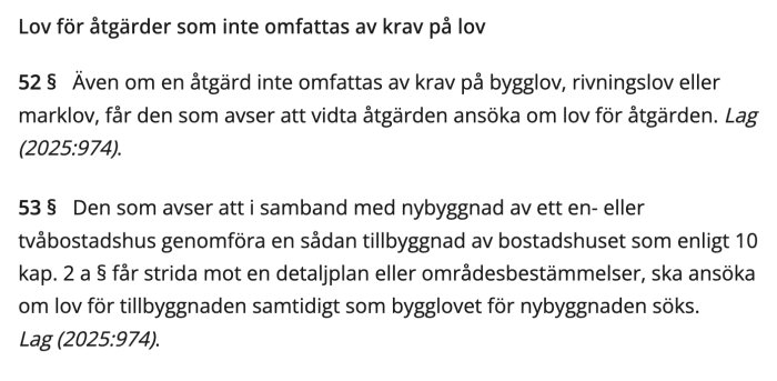 Utdrag ur plan- och bygglagen, kapitel 9, 52 och 53 §, om tillstånd för åtgärder som inte kräver bygglov.