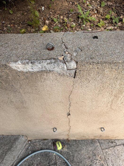 Sprucken betongmur med rostiga öglor och en tennisboll på marken; vegetationen syns i bakgrunden.
