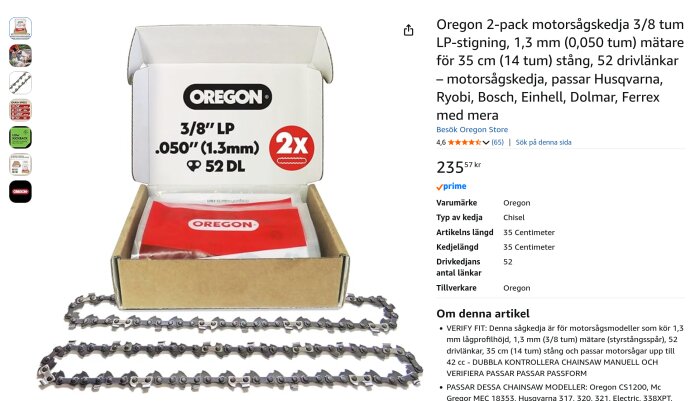 Förpackning med två motorsågskedjor från Oregon, modell 3/8" LP, 1,3 mm, visas bredvid produktinformation och pris från Amazon.
