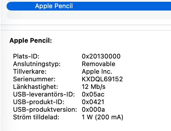 Apple Pencil anslutningsinfo i macOS med tillverkar- och serienummer, USB-anslutningsdetaljer och strömtilldelning.