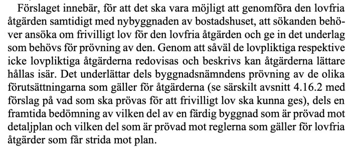 Bild av text från en proposition som förklarar förutsättningar och förslag kring bygglov och frivilligt lov vid nybyggnation.