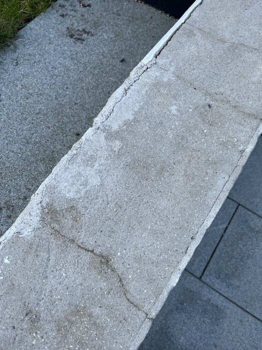Sprucken betongsten på stenlagd uteplats med gräs i bakgrunden.