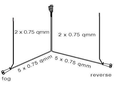 Kablageschema som visar anslutningar för dimljus och backljus med specificerade kabeldimensioner.