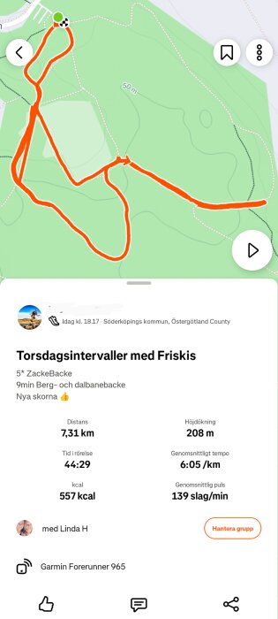 Karta över löprunda på 7,31 km i Söderköpings kommun, med höjdökning 208 m. Tidsåtgång 44:29 min, genomsnittligt tempo 6:05/km.
