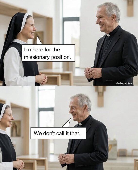 Nun och präst har en humoristisk konversation med textbubblor i två bilder, inomhus i en kyrka eller kapell.