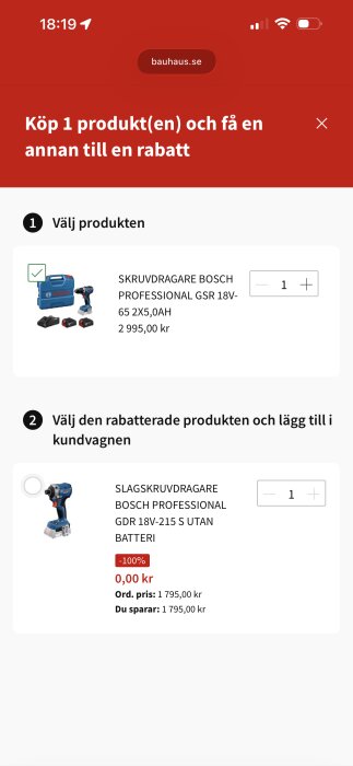 Köp ett Bosch verktyg och få en slagborr gratis via rabatt på Bauhaus-webbplatsen.