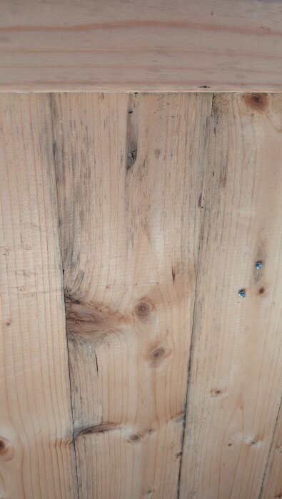 Närbild på innervägg i lekstuga med mörka fläckar på träet, eventuellt svartmögel, och små borrhål för ventilation.