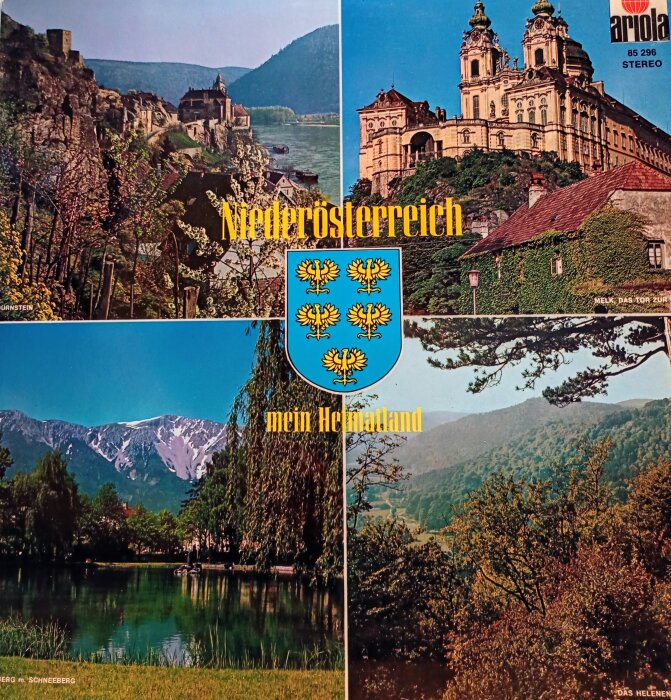 Österrikiskt albumomslag med bilder av landskap, slott, dalar och texten "Niederösterreich mein Heimatland" med sköld och symboler.