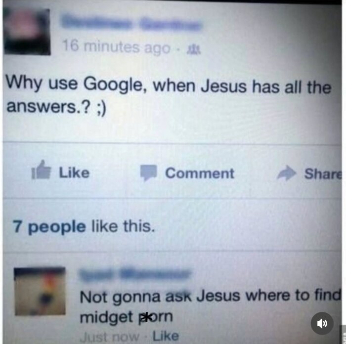 Facebook-inlägg där en person skriver om att Google inte behövs eftersom Jesus har alla svar, följt av en kommentar om att inte fråga Jesus om vuxet innehåll.
