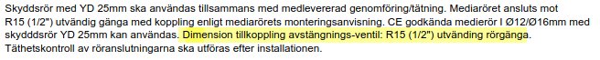 Monteringsanvisning för mediarör, R15 (1/2") utvändig gänga, anslutning med skyddsrör samt täthetskontroll.