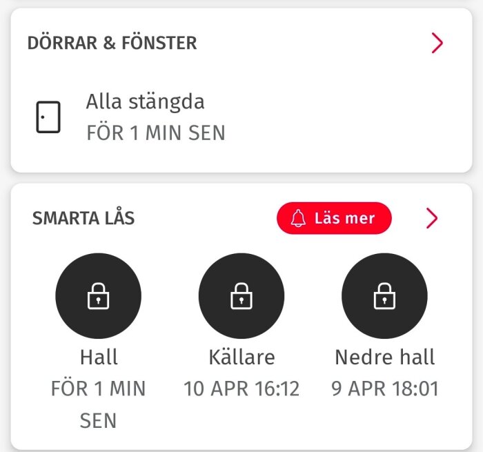 Skärmbild av Verisure-appen som visar status för dörrar och smarta lås i hemmet, inklusive hall, källare och nedre hall.