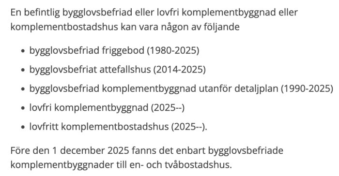 Text som listar typer av bygglovsbefriade eller lovfria komplementbyggnader och deras giltighetstider enligt svensk lagstiftning.
