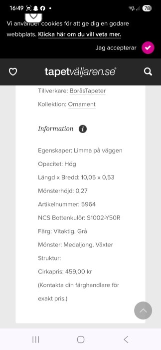 Bild av tapetspecifikationer från tapetväljaren.se, Boråstapeter, kollektion Ornament, med detaljer om mått, färg och pris.