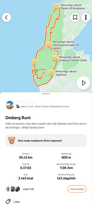 Karta över löprunda Omberg Runt i Västra Tollstad, Östergötland, med personligt rekordmarkeringar och statistik som distans, tid och höjdstigning.