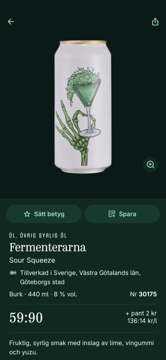 En burk Fermenterarna Sour Squeeze-öl med illustration av en grön cocktail och skelettjämte.