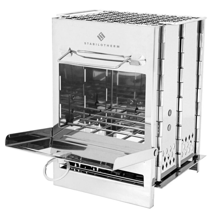 Bärbar vedeldad rostfri ugn med utvecklad konstruktion från Stabilotherm. Perfekt för utomhusbruk och matlagning över öppen eld.