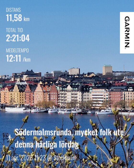 Utsikt över Stockholm från Södermalm med färgglada byggnader vid vattnet, statistik från en löprunda visas i bilden.