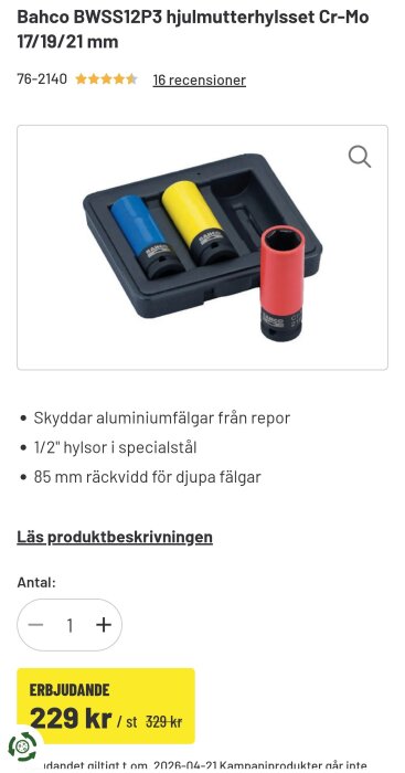 Set med tre Bahco hjulmutterslaghylsor i blå, gul och röd i en svart förvaringslåda, för storlekarna 17/19/21 mm.