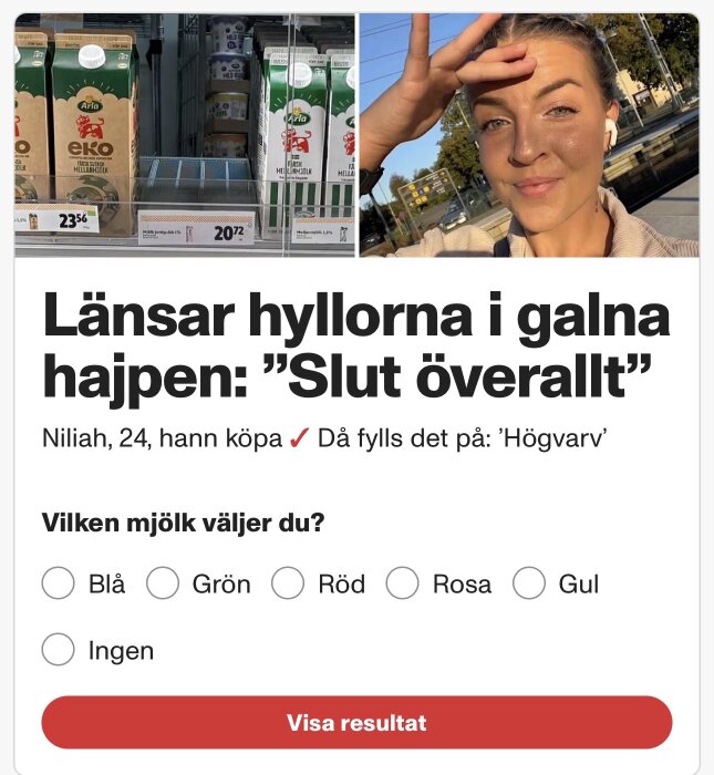 Tom hylla av jordgubbsmjölk, person utomhus med sol i ansiktet, undersökning om mjölkval till höger.