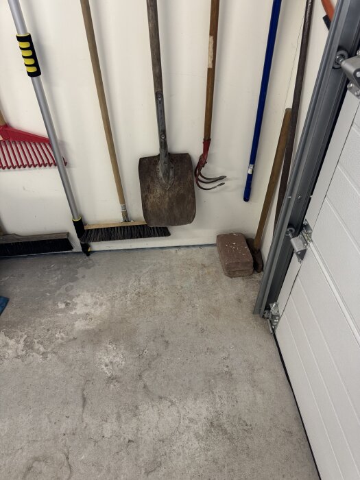 Garagets hörn med betonggolv, olika trädgårdsverktyg hänger på väggen, märkbart mellanrum mellan golv och vägg.