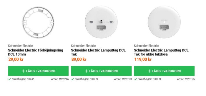 Tre produkter från Schneider Electric: Förhöjningsring DCL 10 mm, Lamputtag DCL Tak och Lamputtag DCL Tak för äldre takdosa, med priser och lagerstatus.