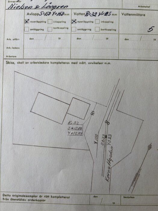 Ritning med information om avlopp och vatteninstallationer, med angivna koordinater nära ett garage och en skiss över området.