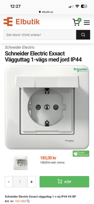 Schneider Electric Exxact vägguttag 1-vägs med jord IP44, CE-märkt, från Elbutik. Priset är 185 kr inklusive moms, artikelnummer 1821484.