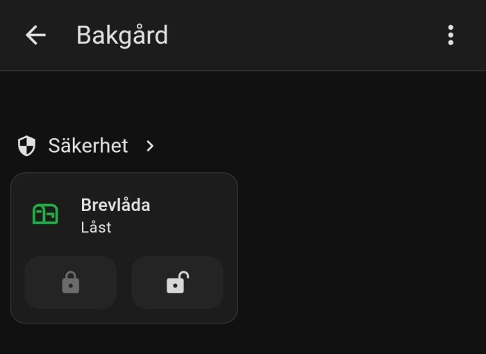 Digital brevlåda markerad som låst, med två ikoniska lås, ett stängt och ett öppet, och texten "Säkerhet" och "Bakgård".