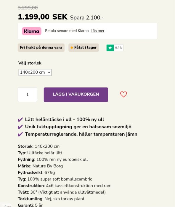 Kampanjsida för ett ulltäcke, 140x200 cm, rabatt från 3.299 SEK till 1.199 SEK. Funktioner: temperaturreglerande, 100% ny ull, fri frakt.