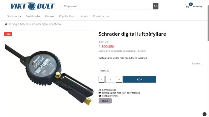 Schrader digitala luftpåfyllare, pris 1500 SEK, med livslångt batteri. Visar digital display och lufttryck i bild från webshop.