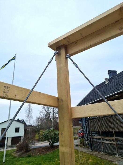 Trästomme med reglar och stöttande vantskruvar framför husfasad och flaggstång. Förberedelse för montering av takstolar i byggprojekt.