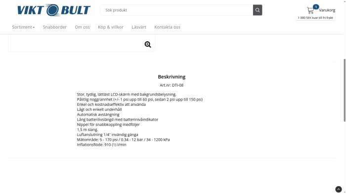 Bild på Vikt Bult-produktsida med specifikationer för en LCD-däcktrycksmätare, mätområde 0.34-12 bar, ej lämplig för mycket lågt tryck.